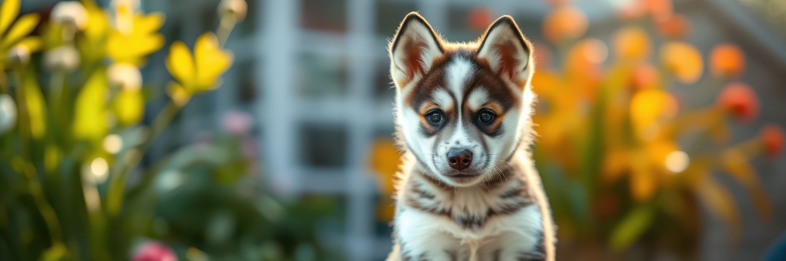Cute dog sits calmly among colorful flowers during sunset in a garden